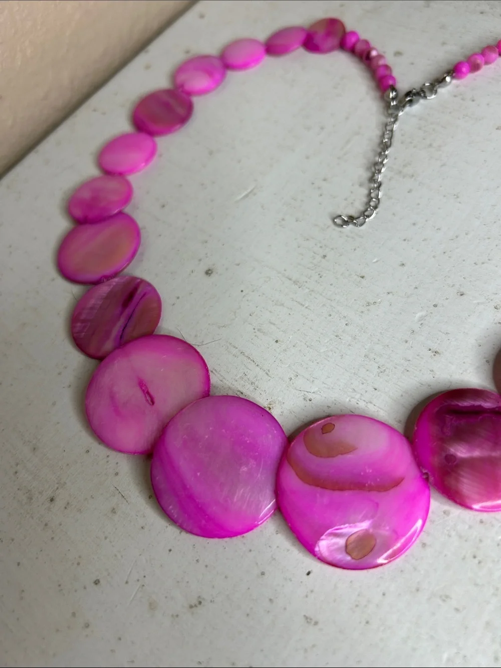 Bright Pink Faux Shell Disc Necklace with Adjustable Chain